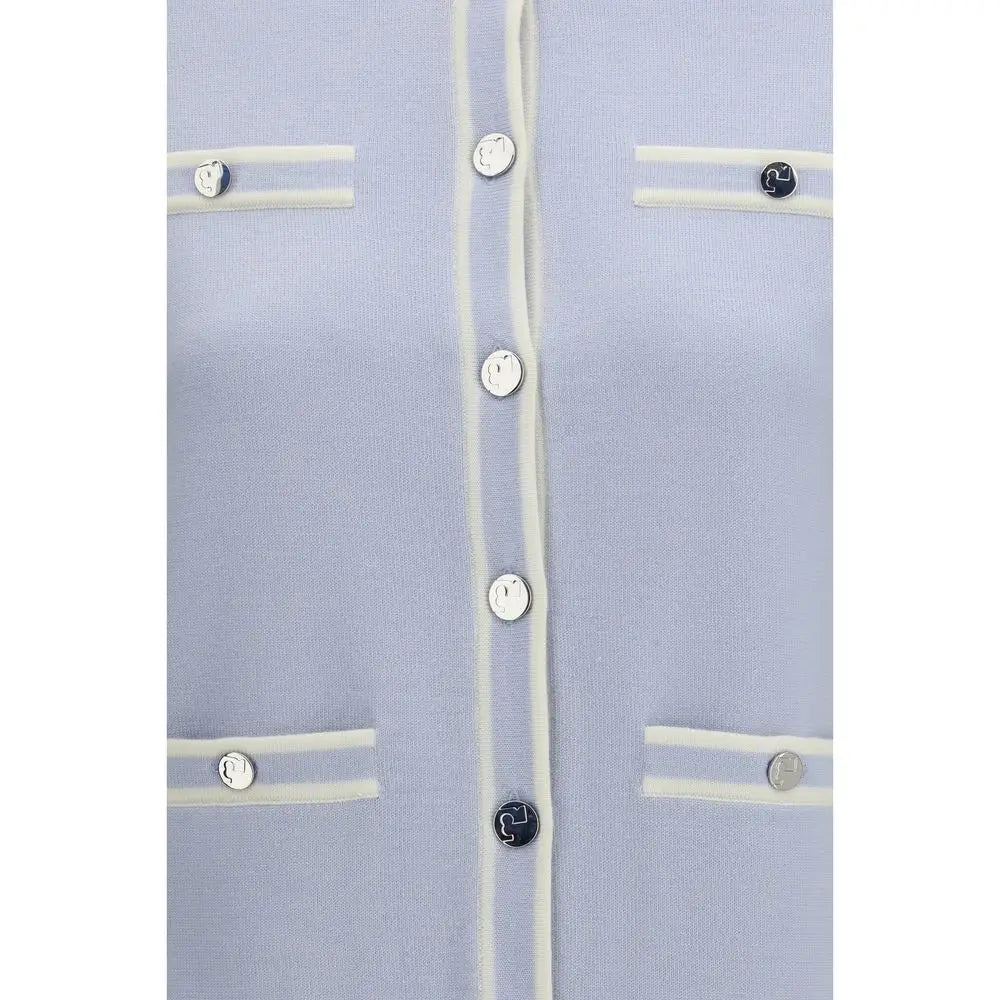 Tory Burch blå tweed cardigan i lyseblå med cremekant og sølv-sorte knapper