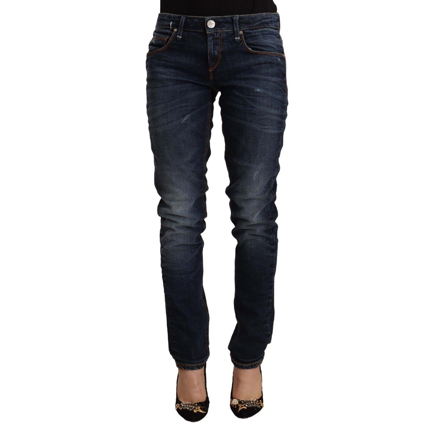 Acht Blue Washed Cotton Mid Waist Skinny Denim Jeans