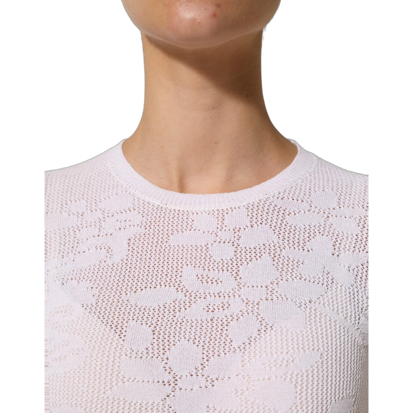 Alpha Studio White Floral Lace Knit Fabric Short Sleeves Blouse Top