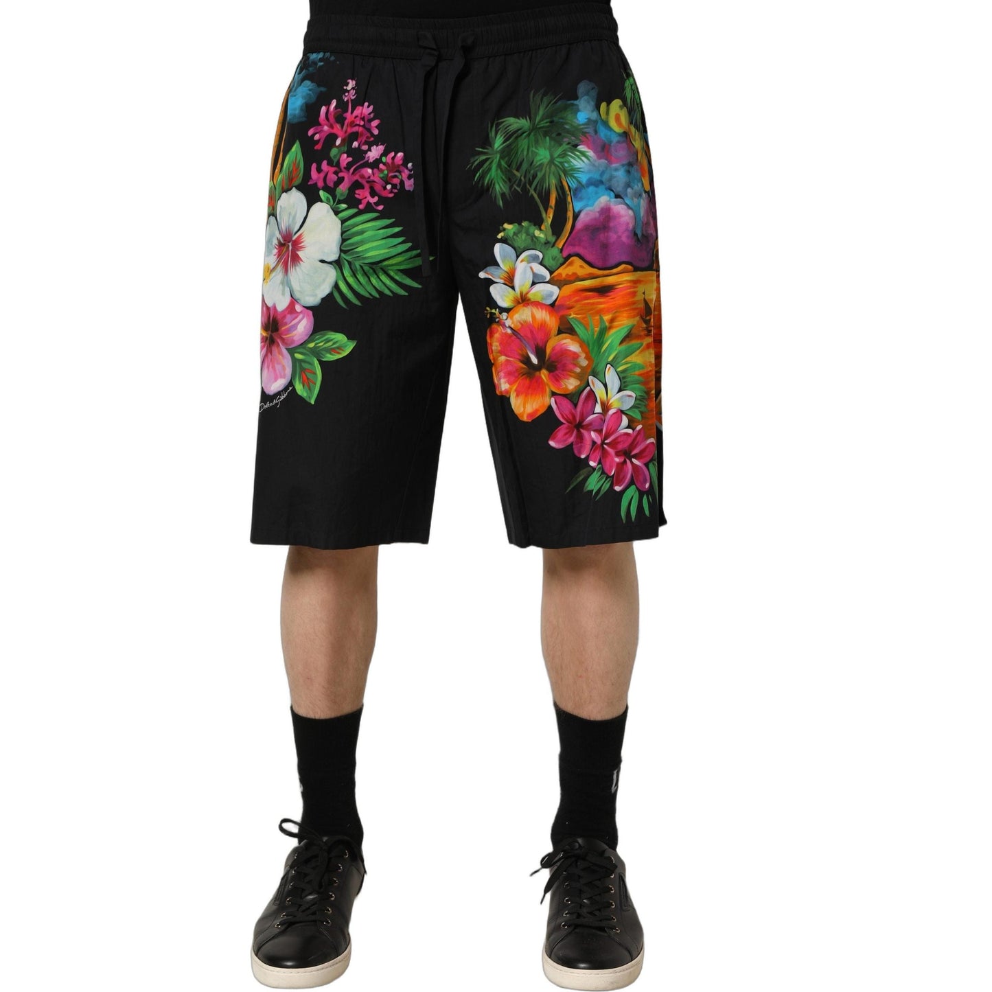 Dolce & Gabbana Black Cotton Tropical Floral Bermuda Shorts