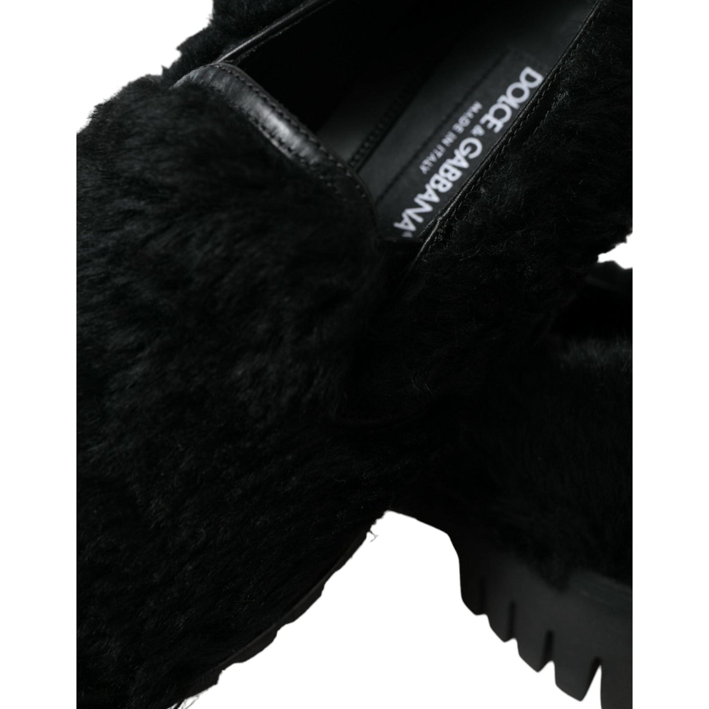Dolce & Gabbana Black Fur Leather Slippers Dress Shoes
