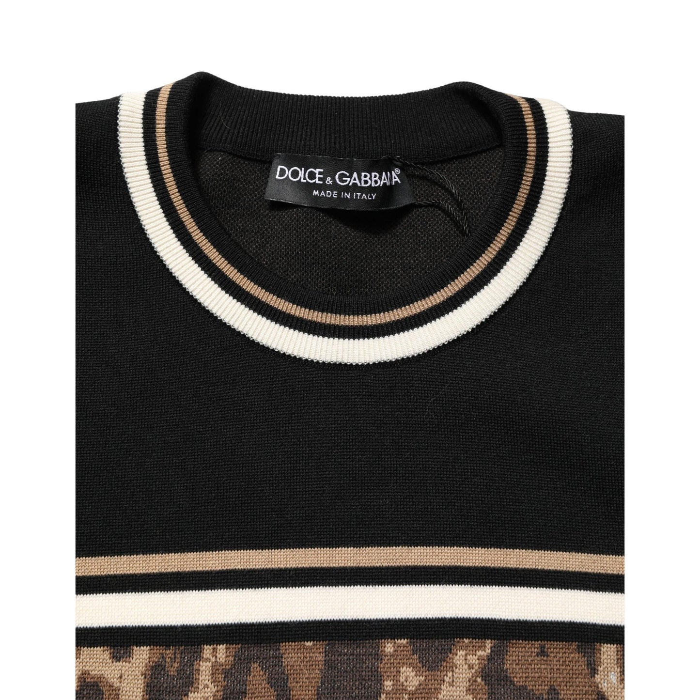 Dolce & Gabbana Black Leopard Wool Crew Neck Men Pullover Sweater