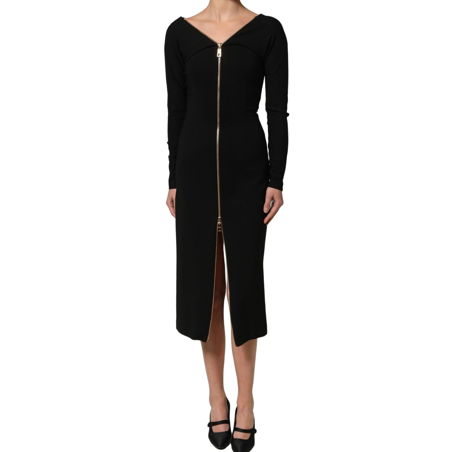 Dolce & Gabbana Black Long Sleeves Front Zipper Midi Dress