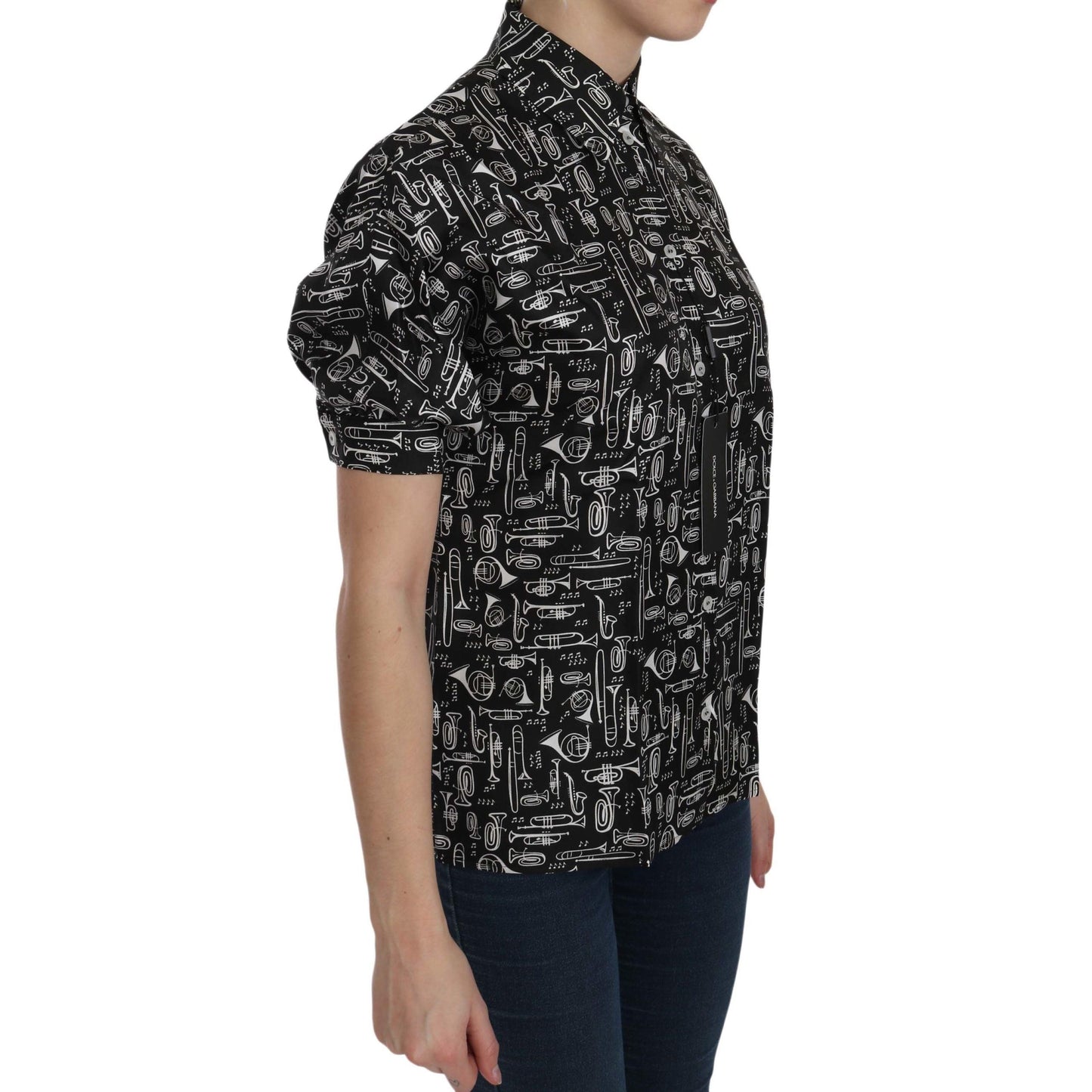 Dolce & Gabbana Black Musical Instrument Collared Blouse Shirt