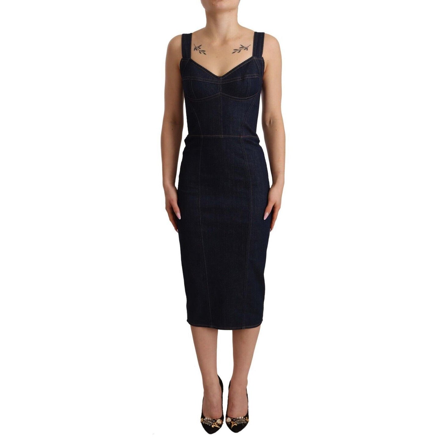 Dolce & Gabbana Dark Blue Cotton Denim Sheath Midi Dress