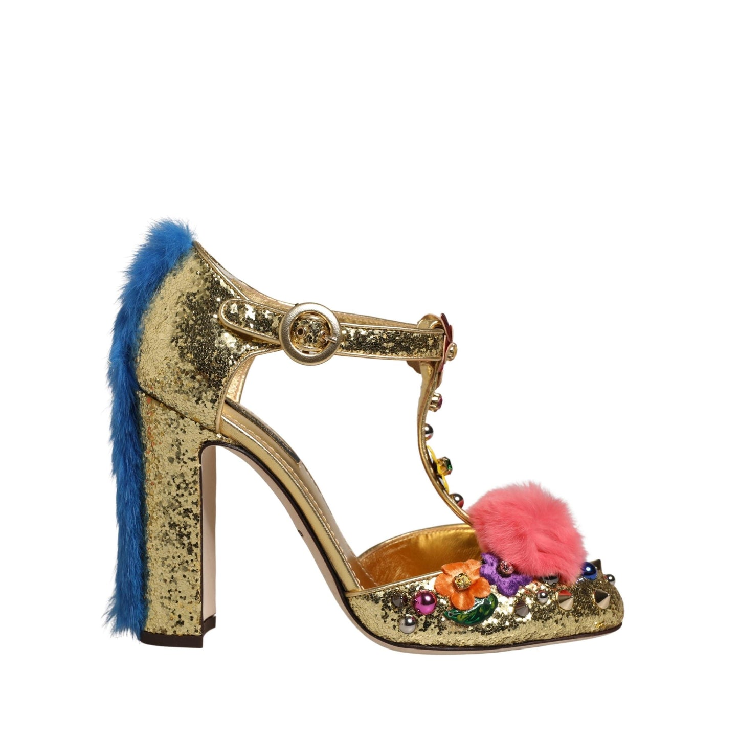 Dolce & Gabbana Gold Fur Trim Glitter T-strap Sandals Shoes