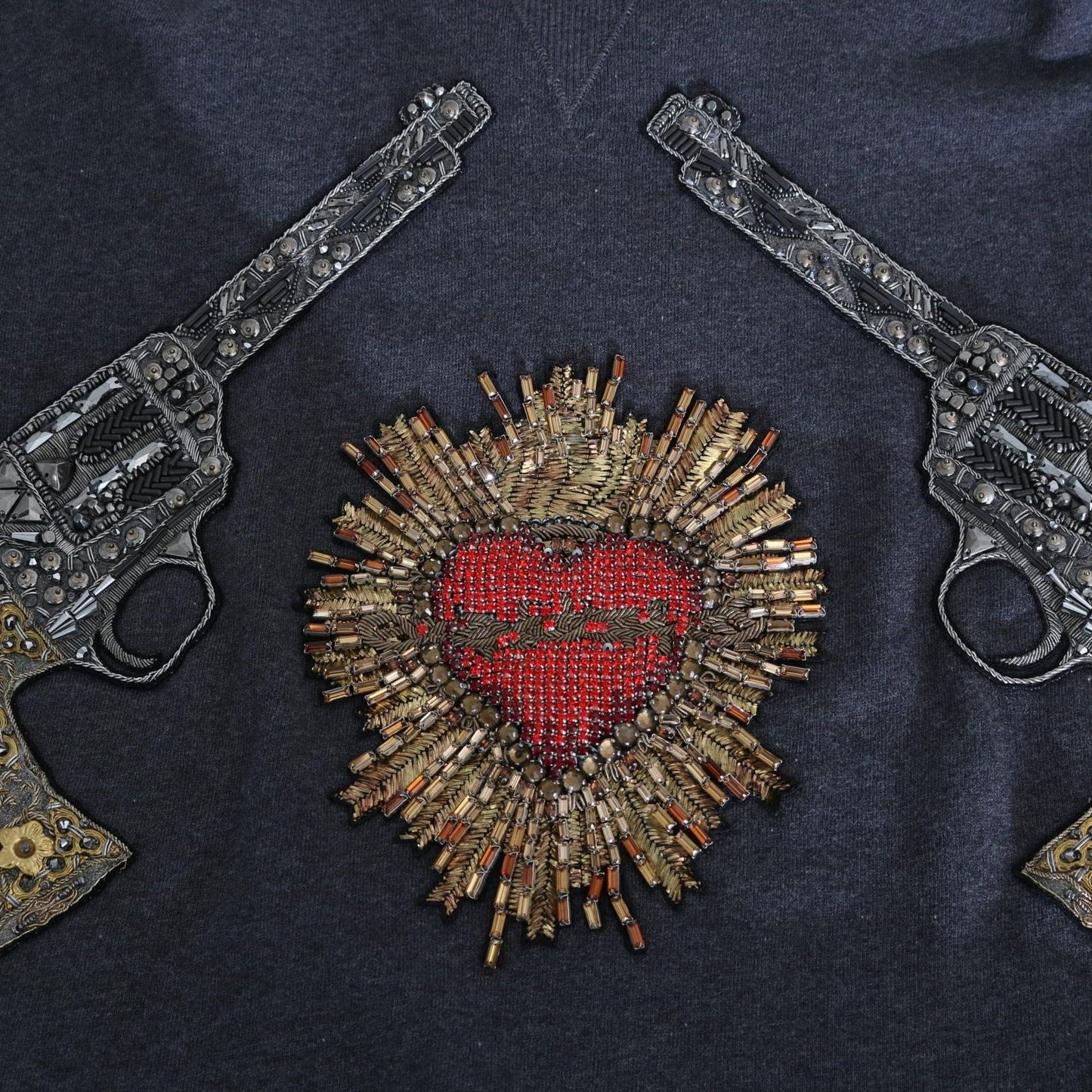 Dolce & Gabbana Gray Hooded Red Crystal Heart Gun Sweater