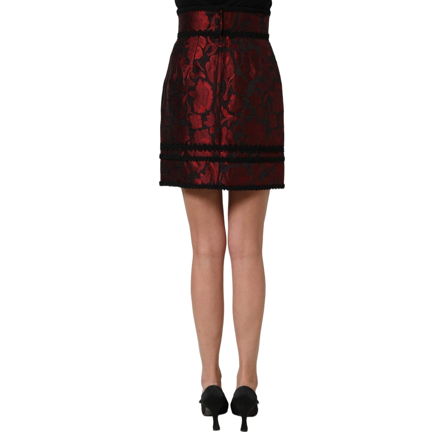 Dolce & Gabbana Red Black Floral Lace Jacquard Mini Skirt