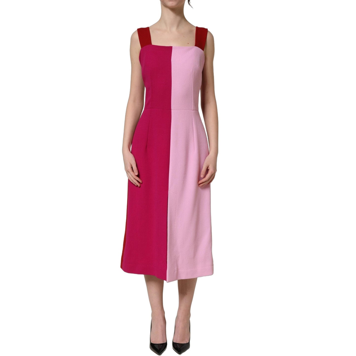 Dolce & Gabbana Two Tone Pink Wool Sleeveless Midi Dress