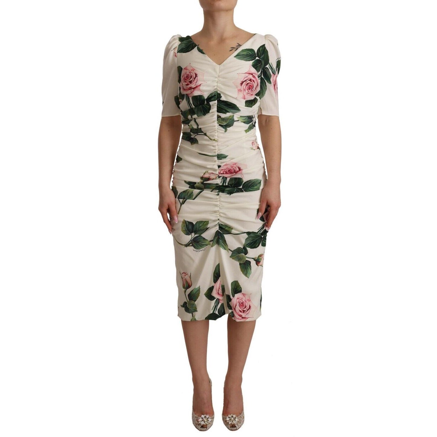 Dolce & Gabbana White Roses Print Stretch Silk Pleated Dress