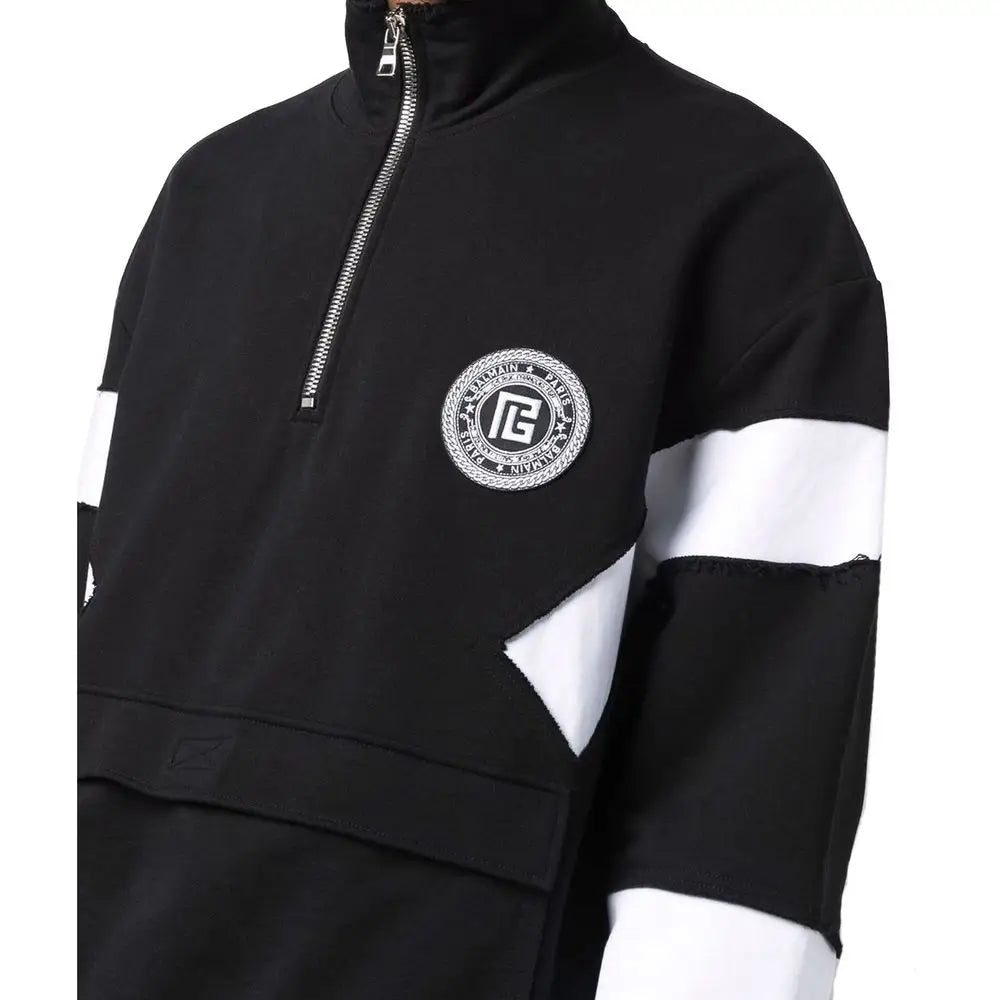 Balmain black bomuldssweatshirt med sort-hvid quarter-zip og logo