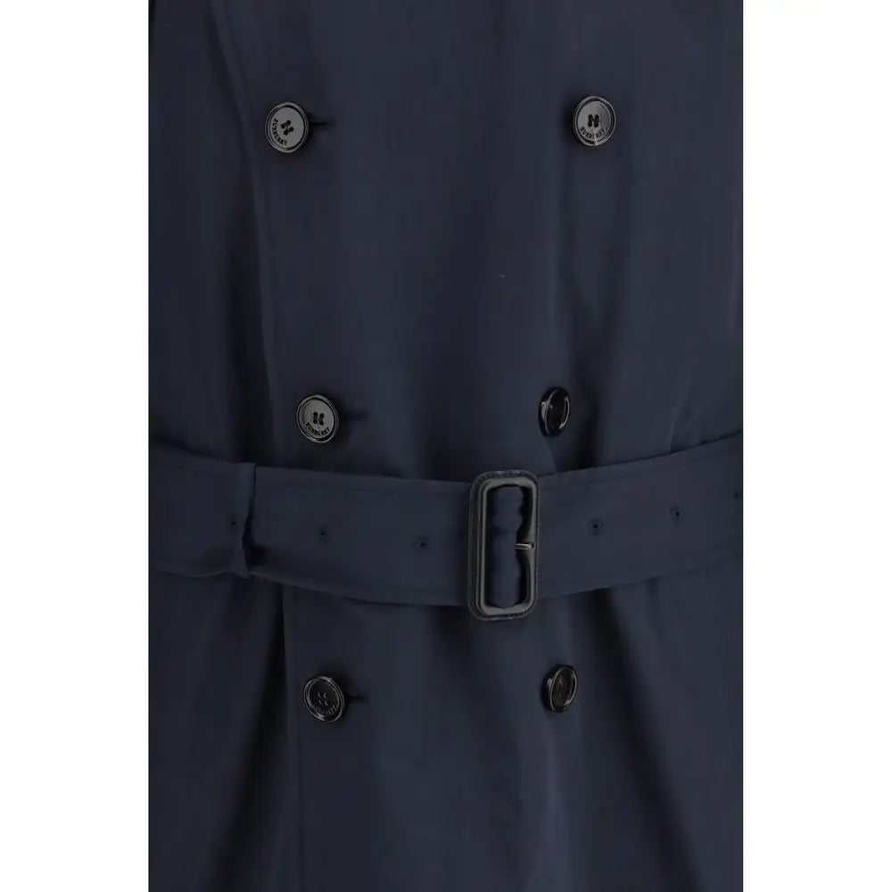 Navyblå polyester trench coat fra Burberry med sølvtonede knapper