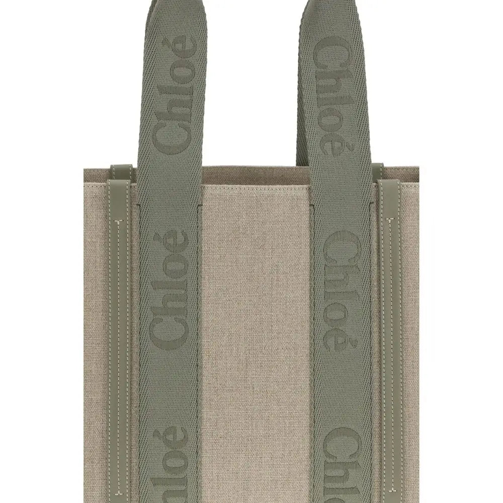 Beige linned skuldertaske med olivengrøn canvas og Chloé-mærke