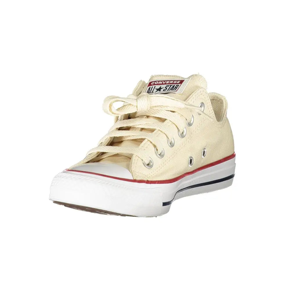 Cream-colored Converse beige polyester low-top sneaker med hvid gummisål og rød stribe