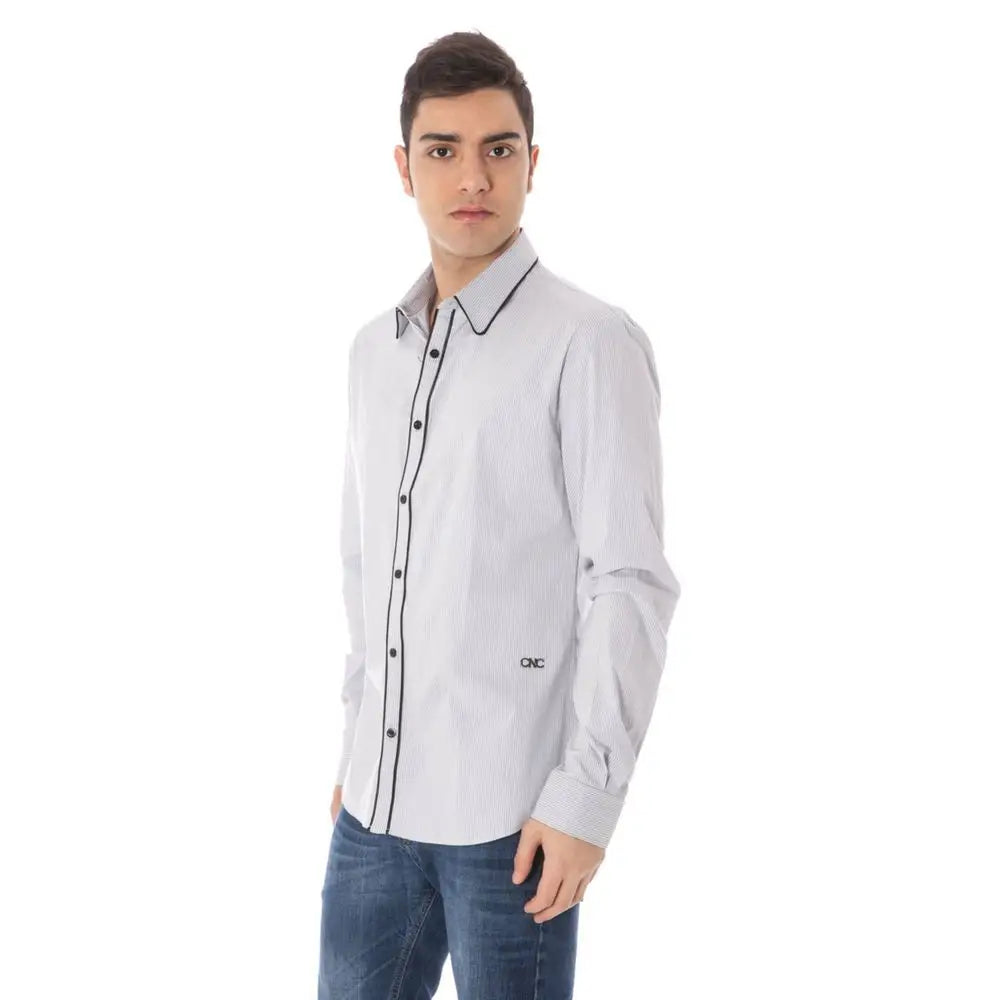 Costume National Azzurro cotton long-sleeved shirt in light gray with black trim