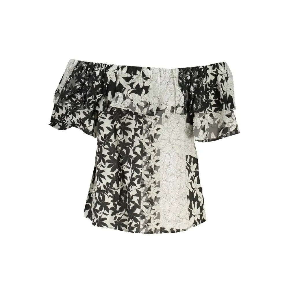 Desigual Bianco Cotton women t-shirt with black and white floral off-the-shoulder ruffled sleeves