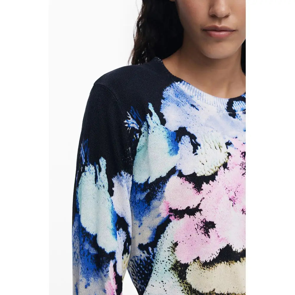 Desigual black linen sweater with vibrant abstract floral pattern in blue, pink, white