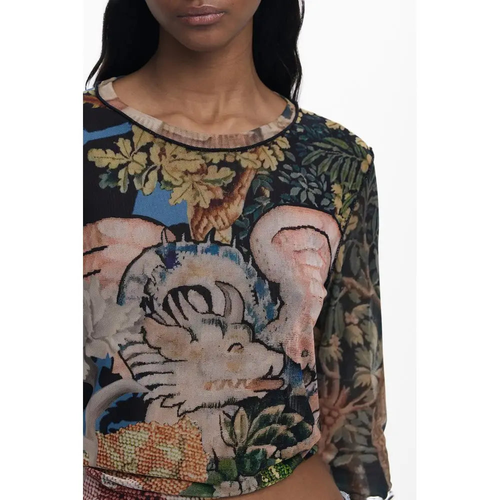 Desigual sort polyester T-shirt med elefanter og jungleprint. Spar 30-70% på mode