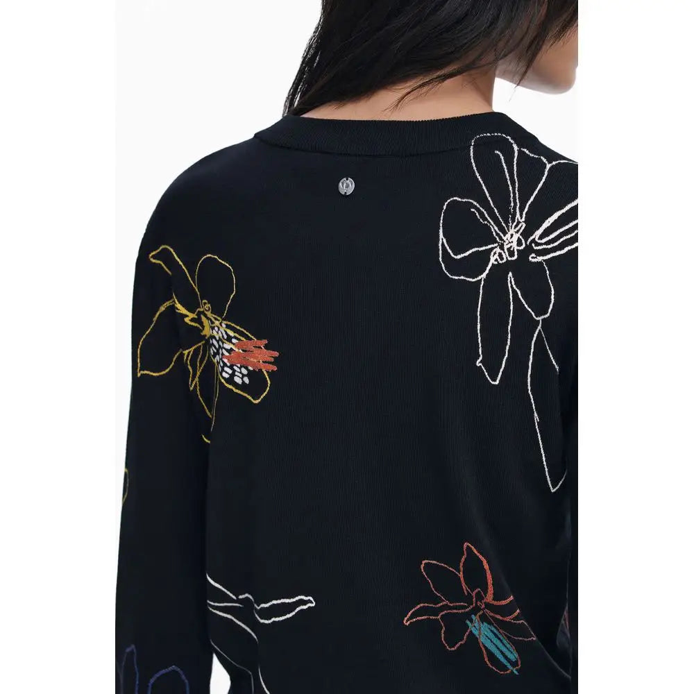 Desigual black viscose sweater med hvide, gule, orange og teal blomsterbroderier
