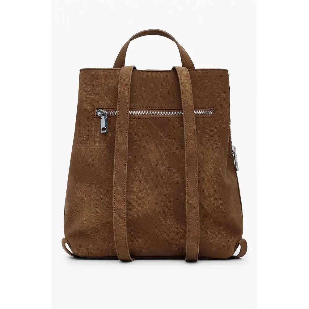 Desigual brown polyethylene backpack in suede-like style with top handle and silver zippers