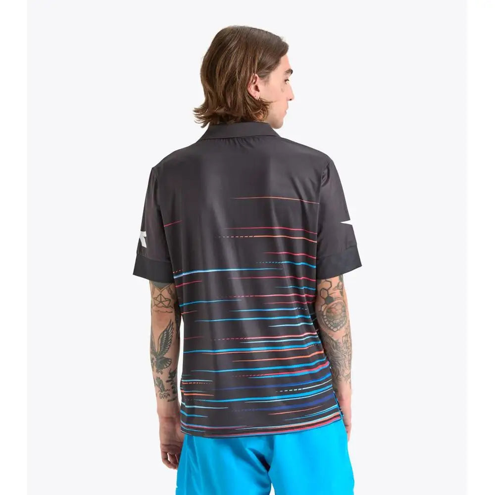 Diadora sortærmet polyester polo i sort med blå, pink og hvide striber