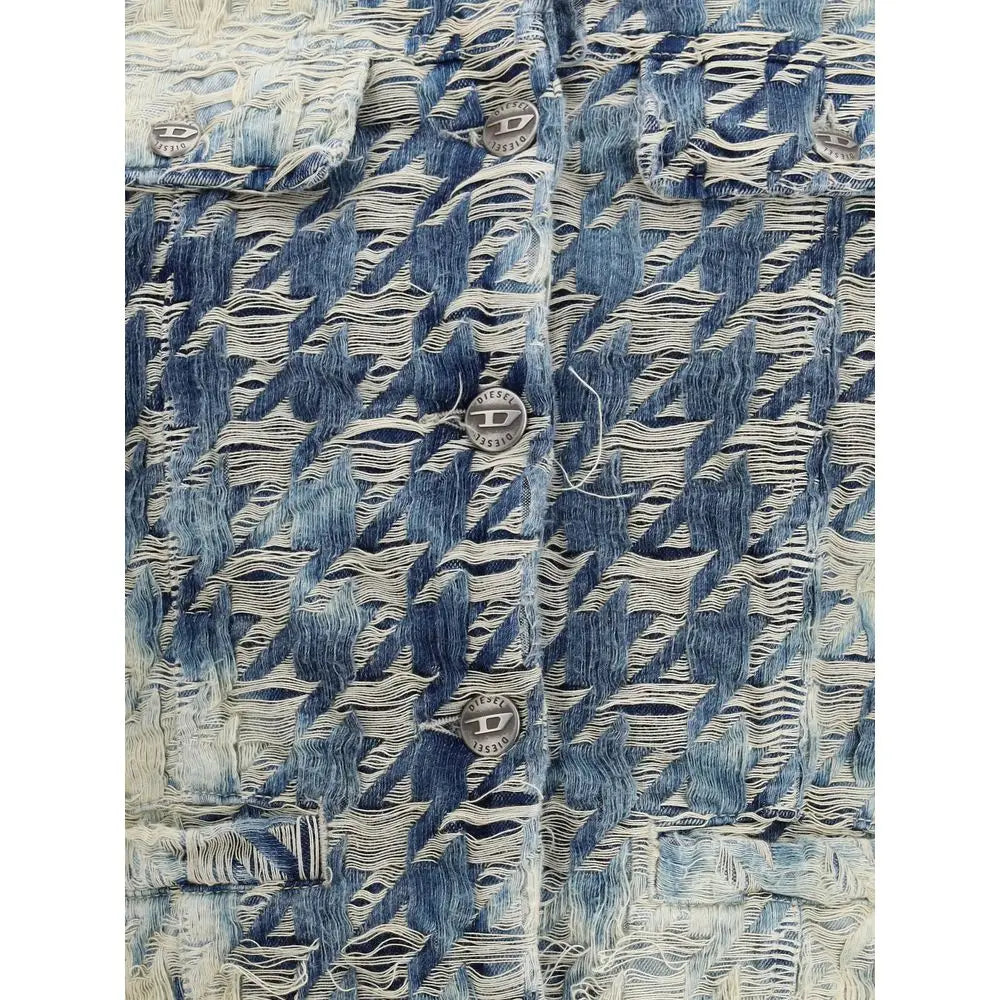 Blå bomuldstøj: Diesel blå denimjakke med distressed houndstooth