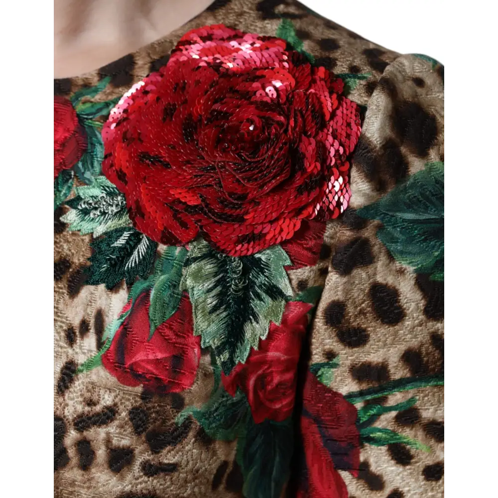 Dolce & Gabbana Brown Leopard Red Roses Cotton A-line Dress