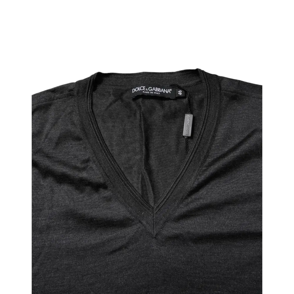 Dolce & Gabbana Dark Gray Silk V-neck Short Sleeves T-shirt