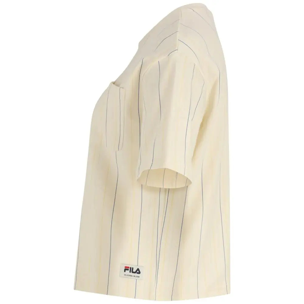 Fila multicolor cotton sportswear: cremede kortærmet skjorte med tynde sorte lodrette striben og Fila-mærke
