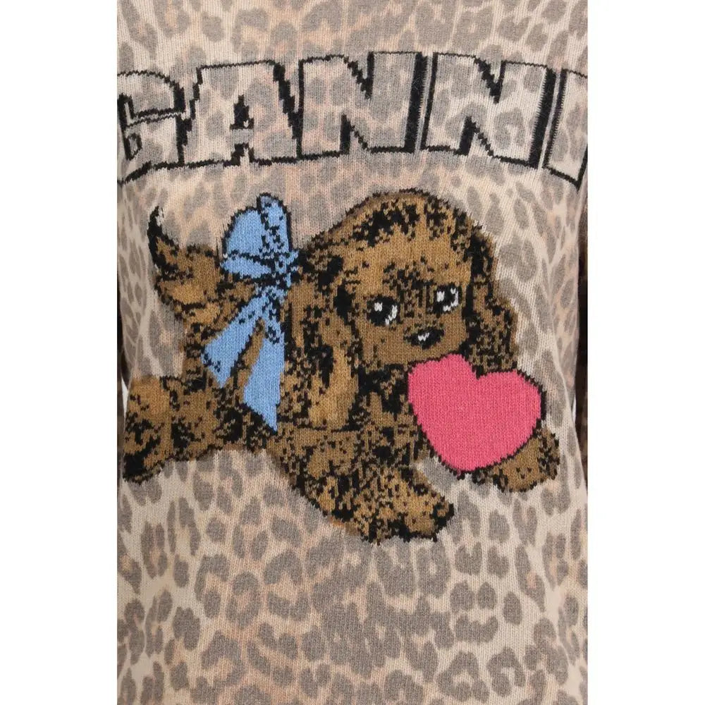Ganni brune uld sweatshirt med leopardprint og strikket puddel