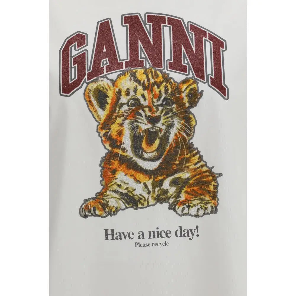 Ganni white cotton hvide bomulds t-shirt med glitter maroon logo og brølende leopardunge