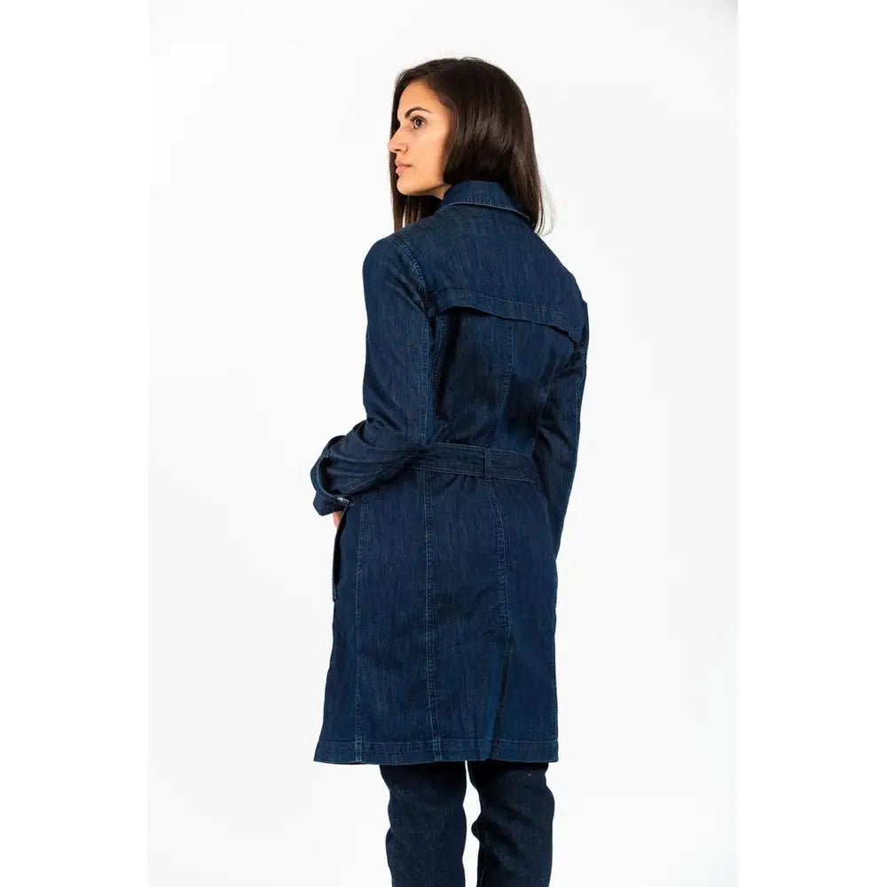 Mørkeblå denim jakke med belte og klassisk krave, 100% originale brands