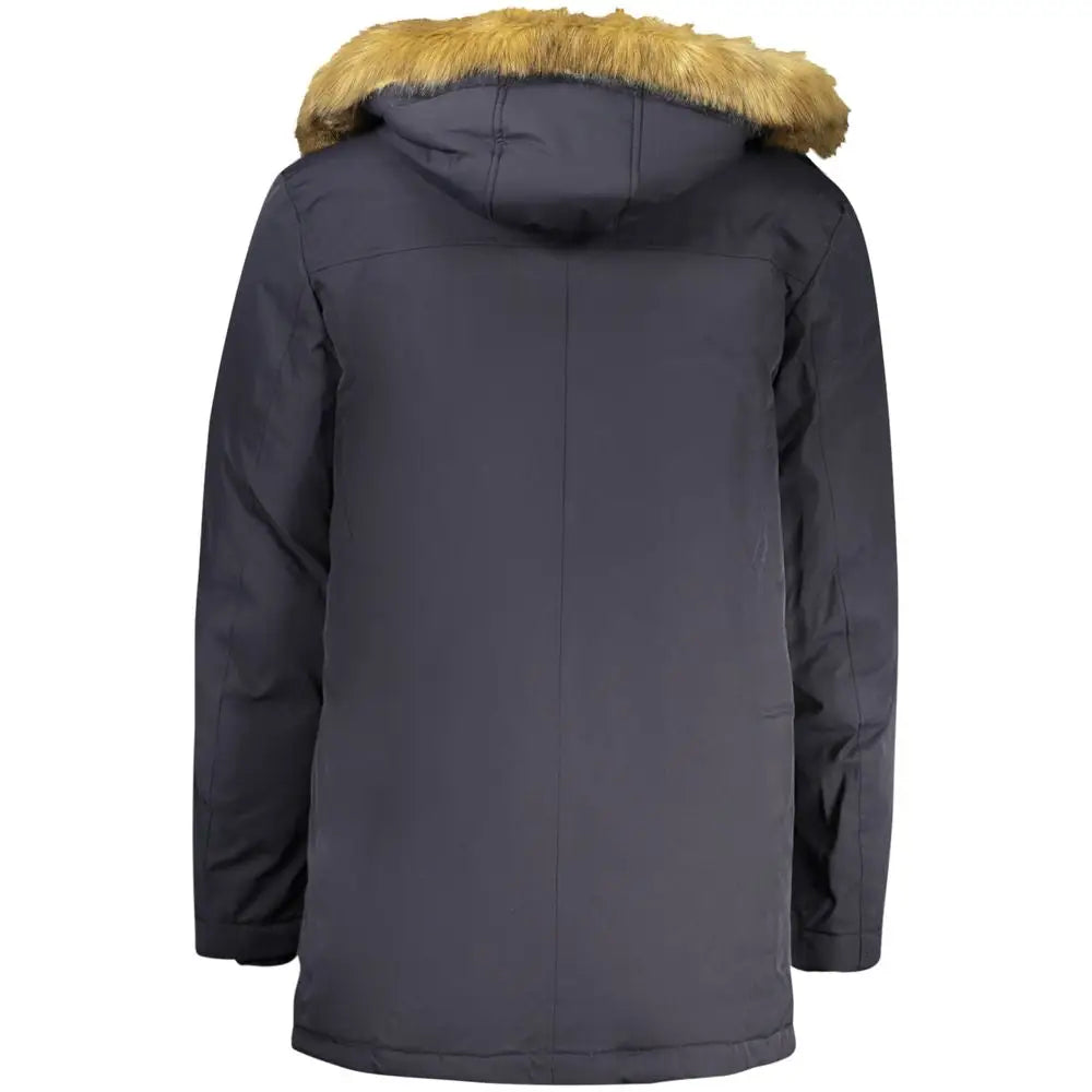 Guess Jeans beige polyester jakke med mørkegrå hætte og tan pelsfor