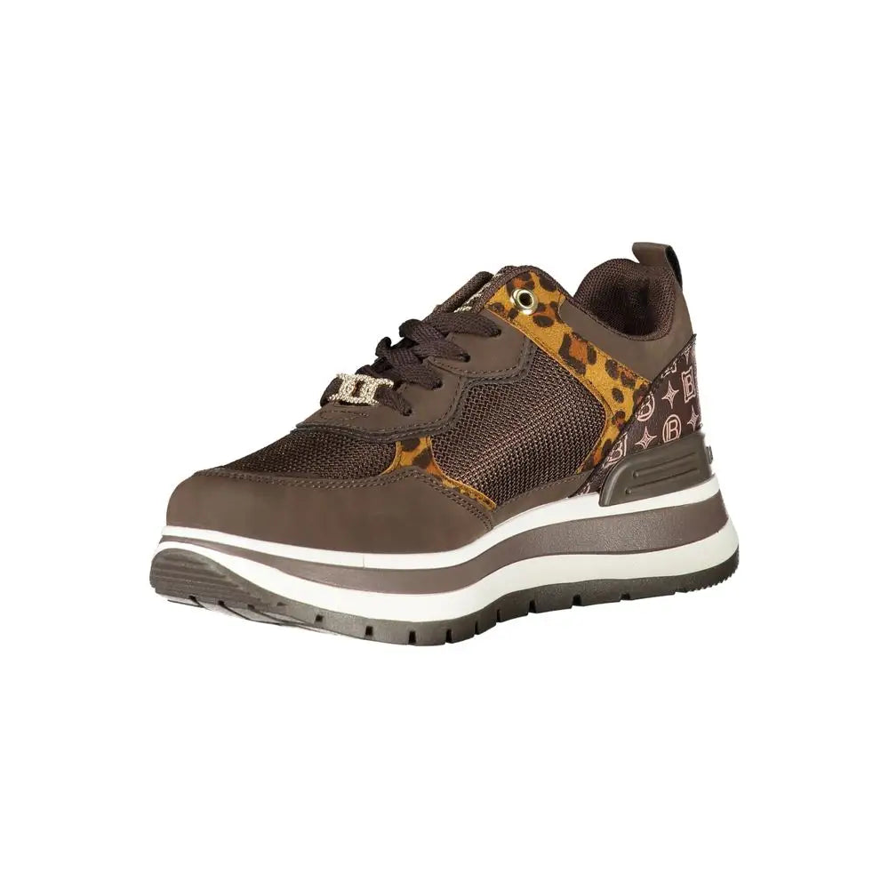 Laura Biagiotti brune polyester sneakers med leopardprint-detaljer og hvid midsole