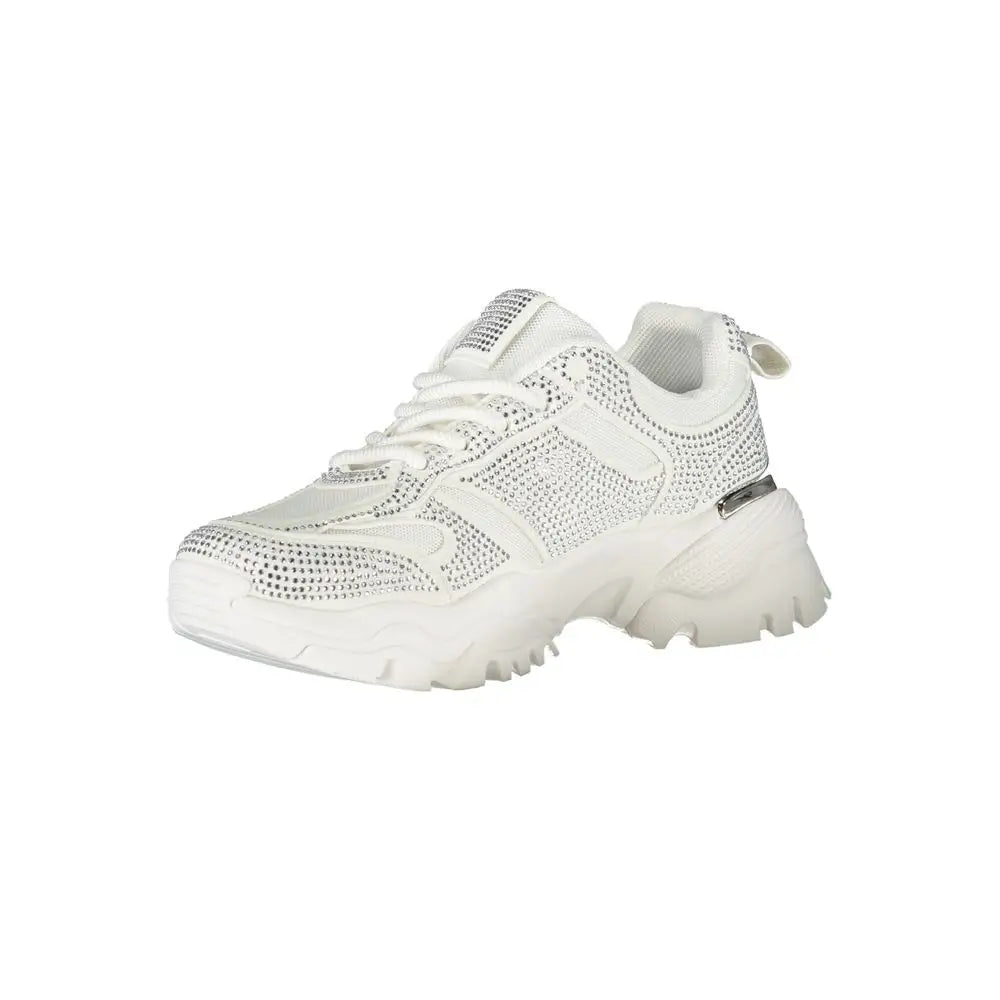 Laura Biagiotti hvide polyester sneakers med chunky sål og rhinesten