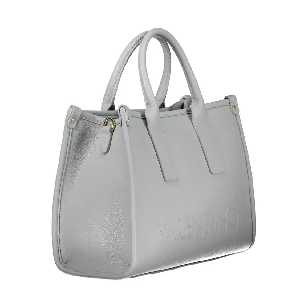 Mario Valentino Azzurro Poliuretano light gray leather tote bag with embossed Valentino branding and gold-tone hardware
