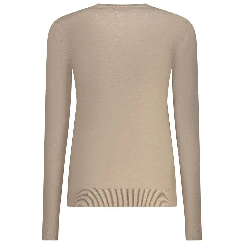 Beige viscose kvinders sweater med langærmet strik, rund hals og ribbet kant