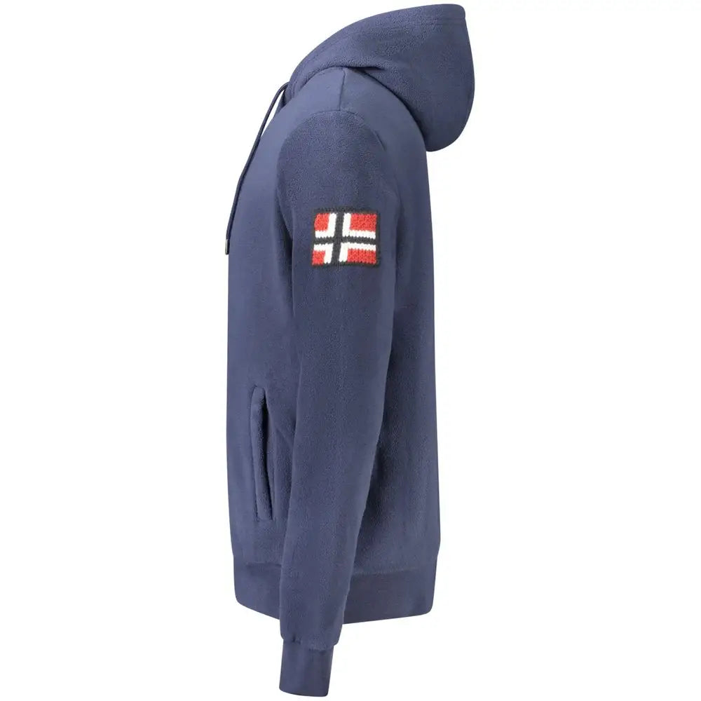 Blå polyester sweater med norsk flag på ærmet i blå farve