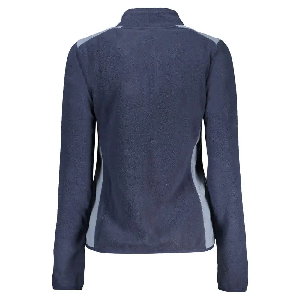 Blå polyester sweatshirt med navy blå og grå fleece, ribbet krave og sidepaneler