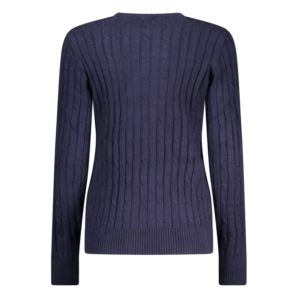 Navy blå viskose sweater med cable-knit mønster og ribbed kanter