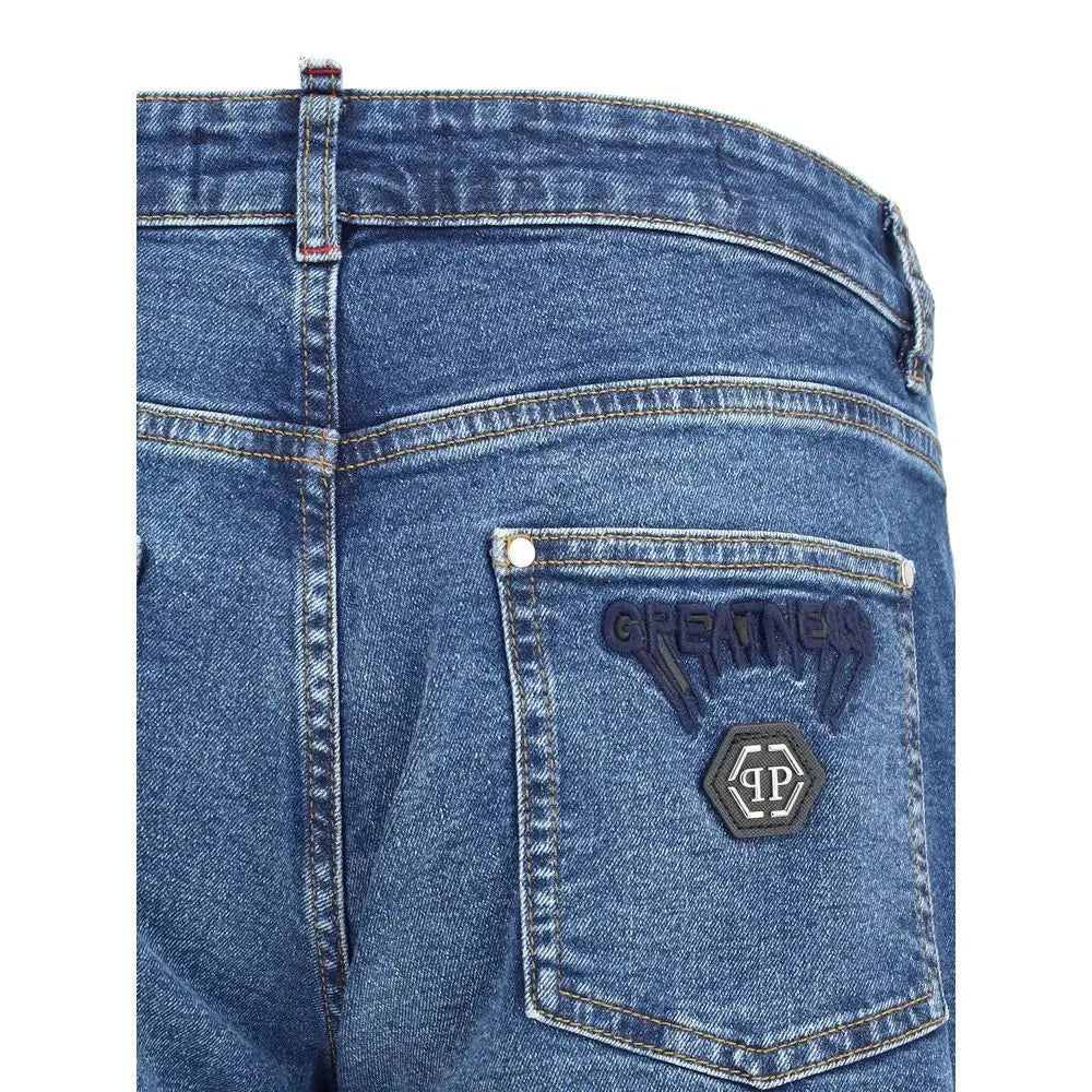 Philipp Plein blå bomulds straight-leg jeans med broderet greatness og hex logo