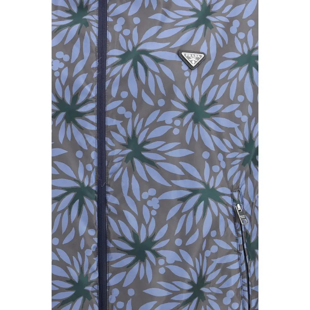 Prada blå genbrugspolyamid shelljakke med beige base og grønne blomster