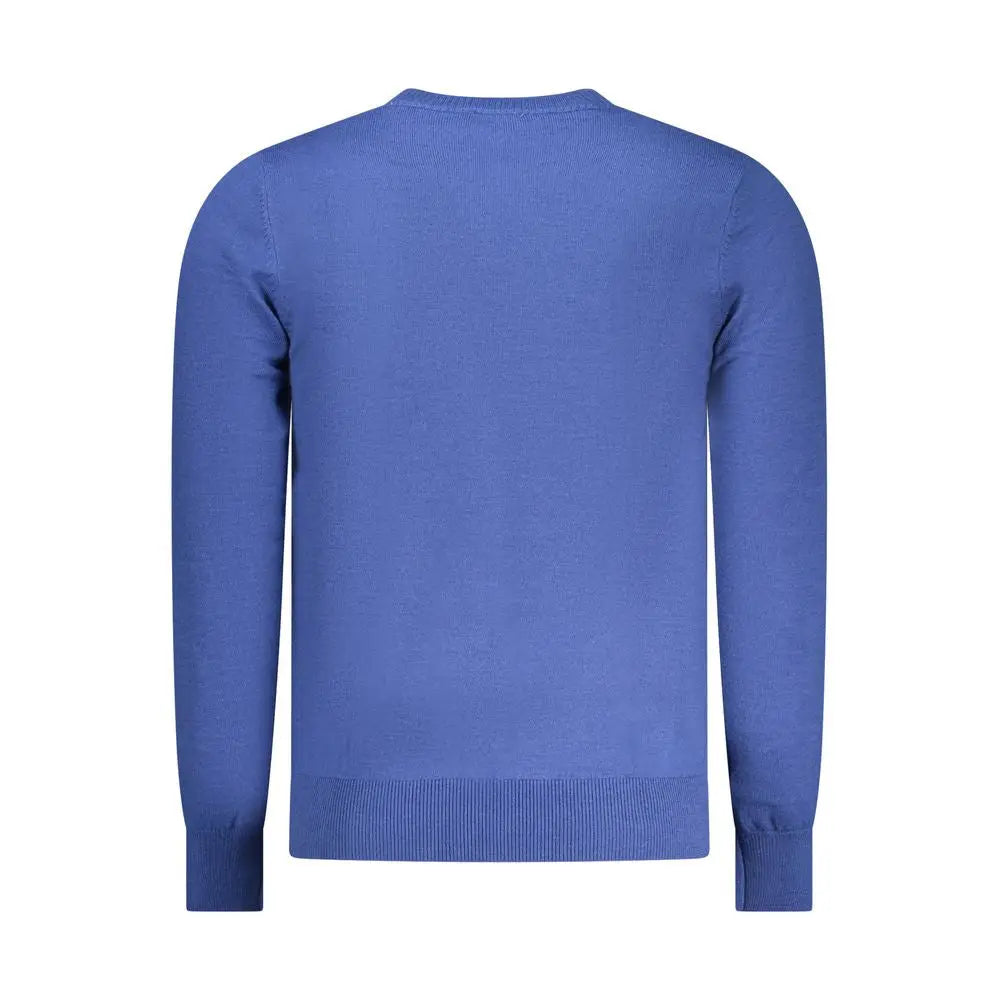 Blå polyester herre sweater i royal blå med ribbet crew hals