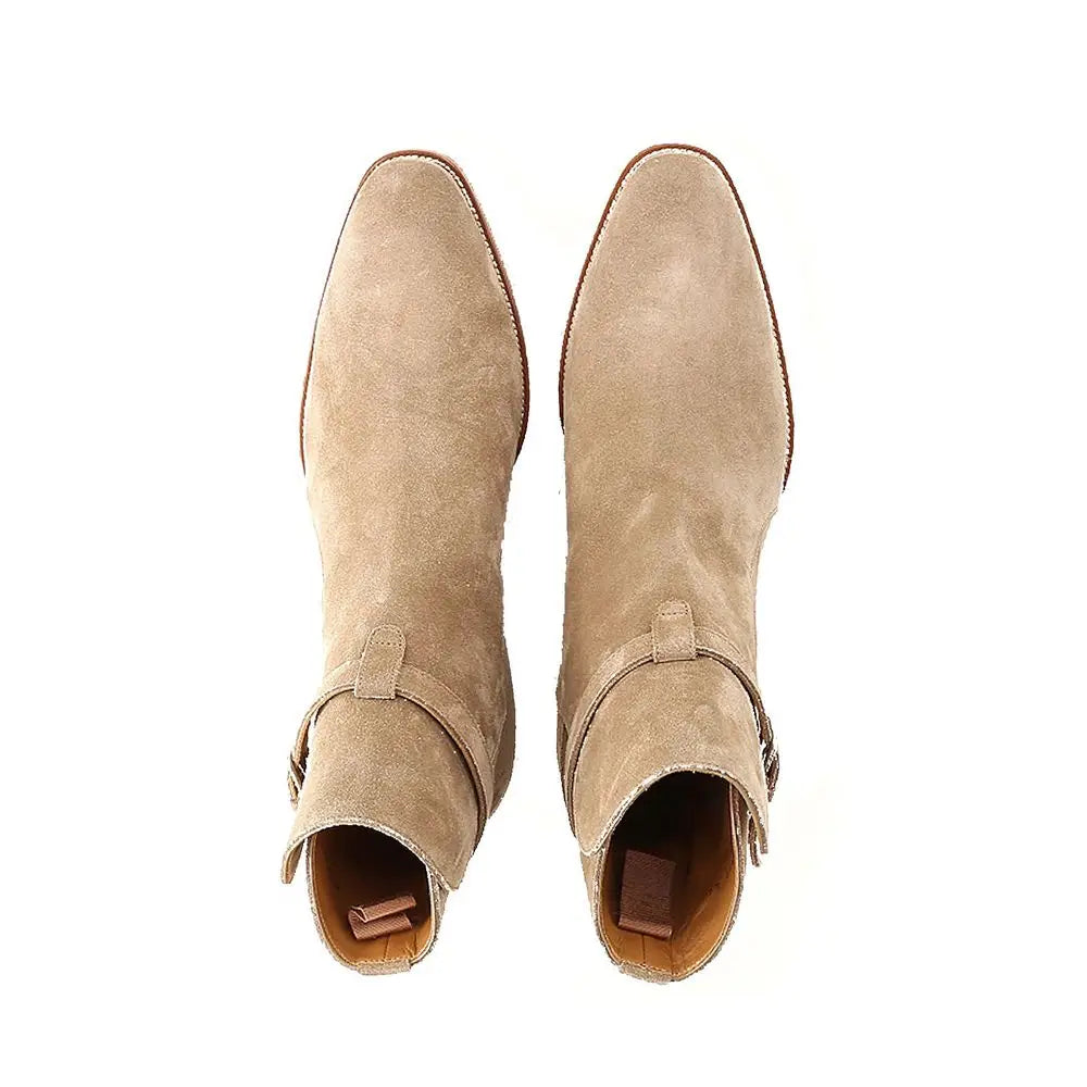 Saint Laurent beige calfskin ankle boots med spændt tå og justerbar rem i høj kvalitet