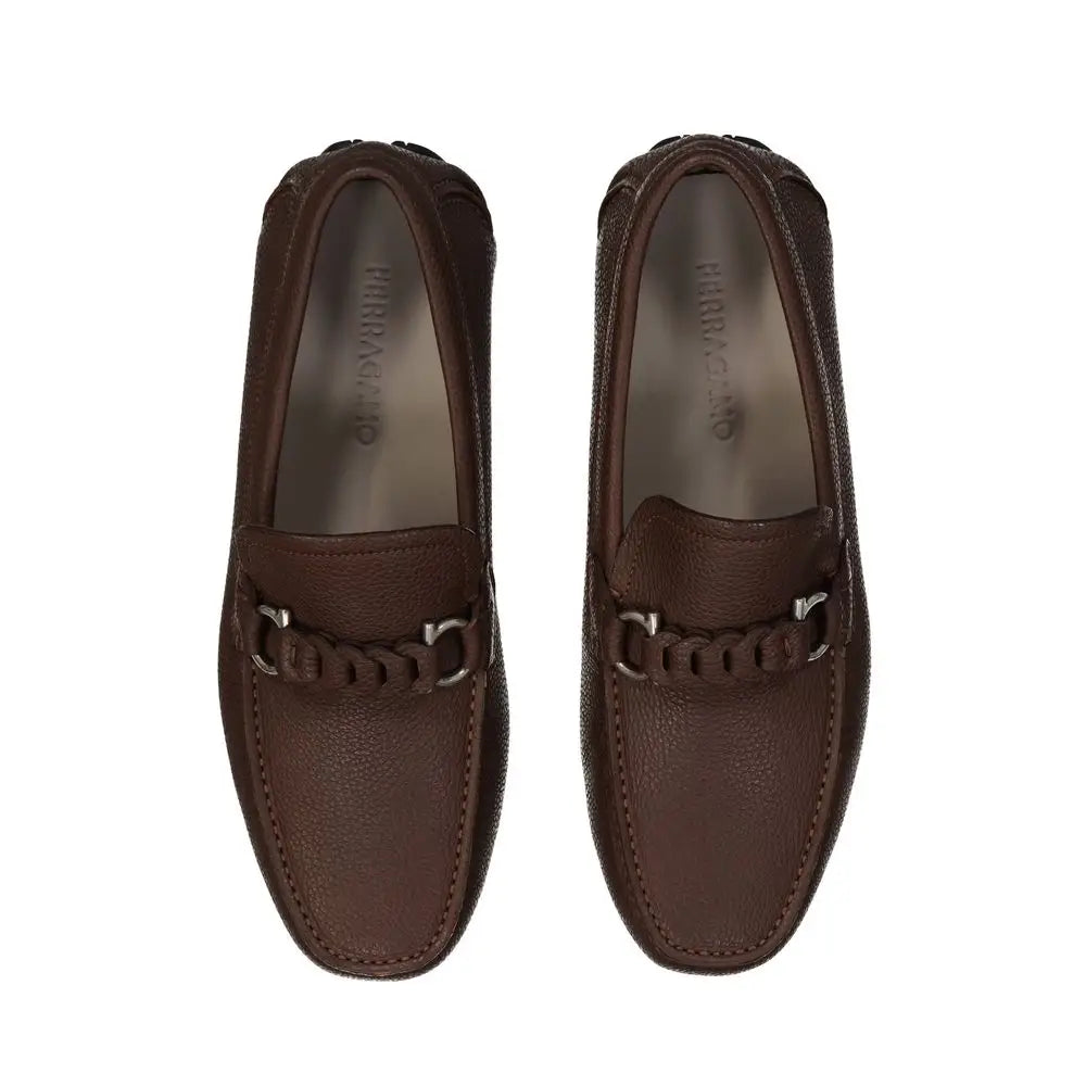 Salvatore Ferragamo brown calfskin slip-on loafers with braided strap and silver accents