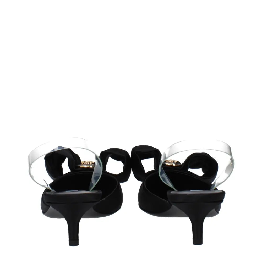 Versace black satin flat sandals with transparent strap and gold buckle