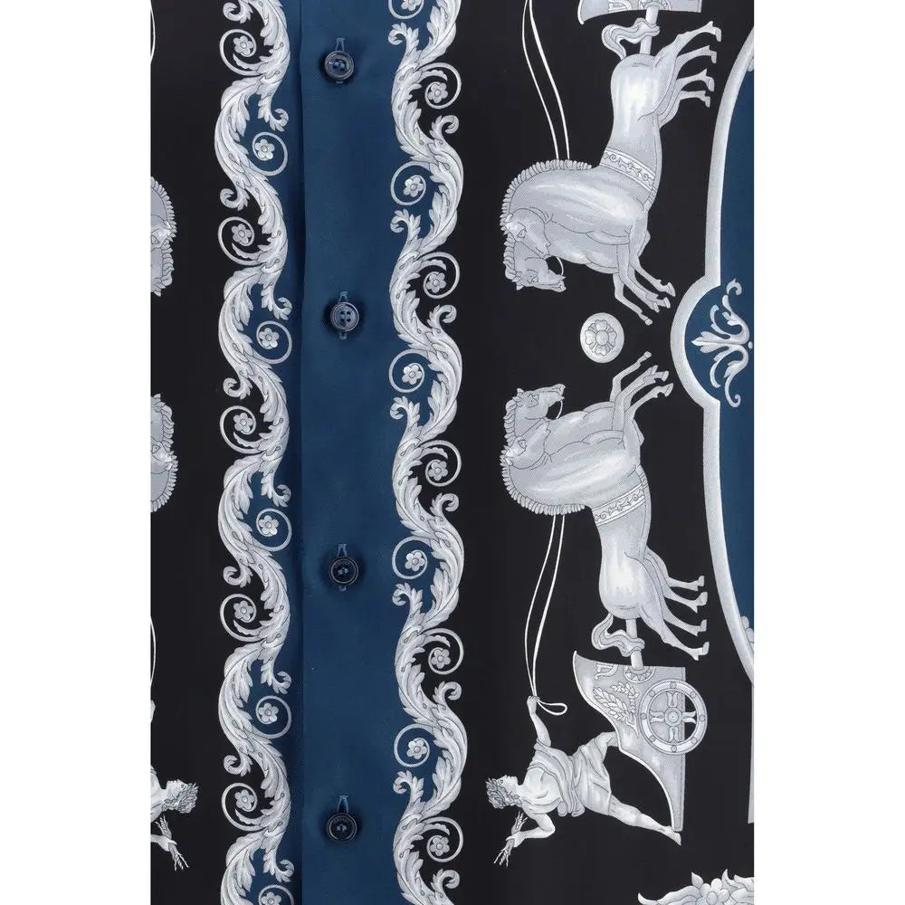 Versace blå silke mønster shirt med sort silke og sølv chariots print