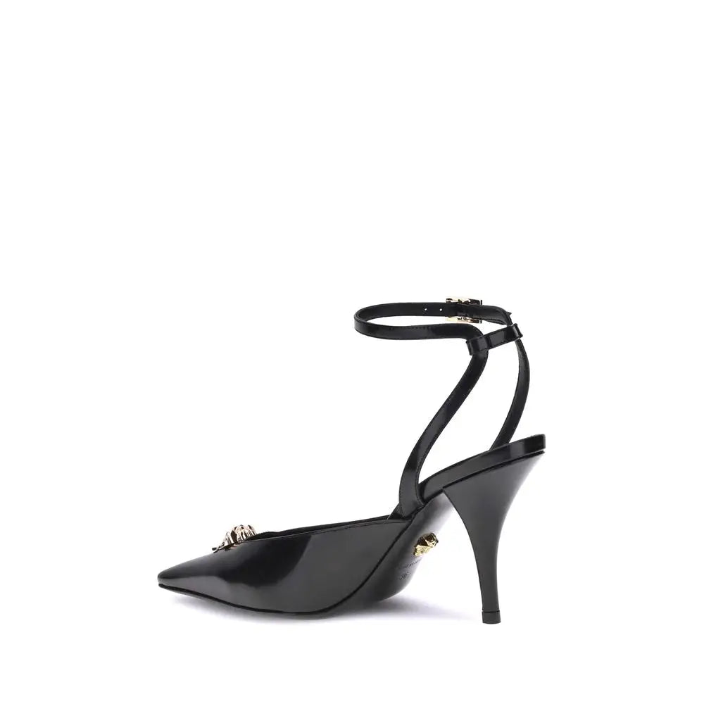 Versace Medusa Décolleté: sort patentlæder ankle-strap pump med guld Medusa-hoveder