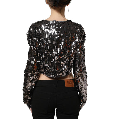 Dolce & Gabbana Black Sequined Long Sleeves Crop Blouse Top