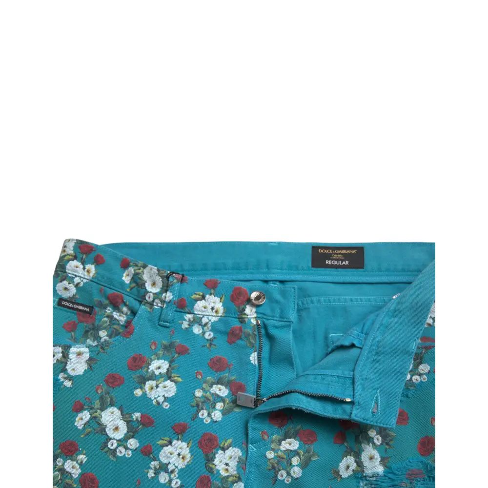 Dolce & Gabbana blå floral print skinny bomuldsjeans med røde roser